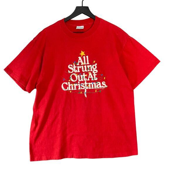 Vintage 90s‎ Christmas Graphic T-Shirt Red Unisex XL All Strung Out - Picture 1 of 9